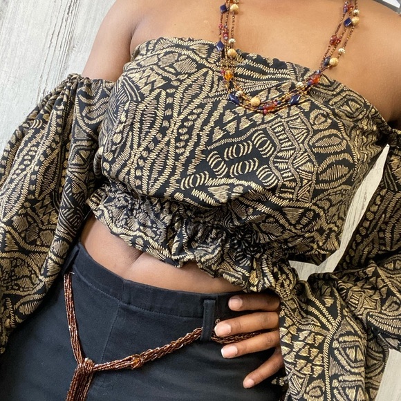 Brown and black ethnic print off the shoulder top - Picture 2 of 7